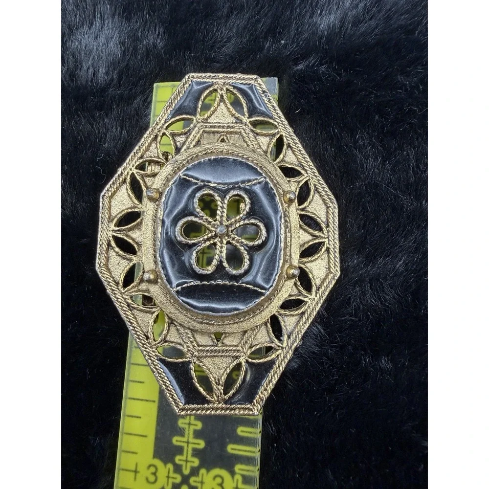 Black Enamel Brooch Gold‎ Tone Ornate Flower Scroll Design Vintage